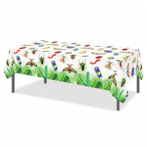Einweg PE Tischdecke mit buntem Insekten und Blätter Muster, ideal für Frühlingsgartenpartys.