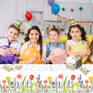 Nappe et serviettes tulipes papillons de printemps pour fête danniversaire jetable en PE.