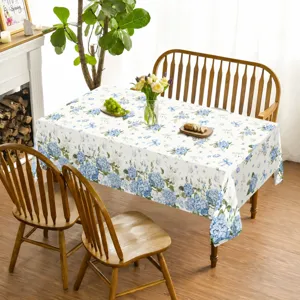 Blue hydrangea pattern disposable PE tablecloth 130x220cm for party and birthday decor.