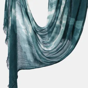 Dark green tie-dye crinkle scarf for women, elegant lightweight shawl and long turban wrap.