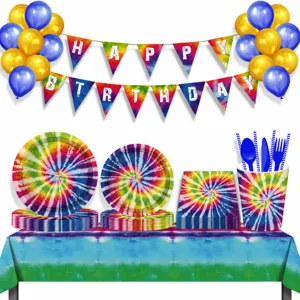 Buntes Tie-Dye Einweg Party Geschirr und Tischdecke Set für farbenfrohe Geburtstag Deko.
