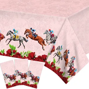 Pink Rose Horse Racing Theme Plastic Tablecloth Disposable Waterproof Table Cover For Birthday Party Supplies Decor