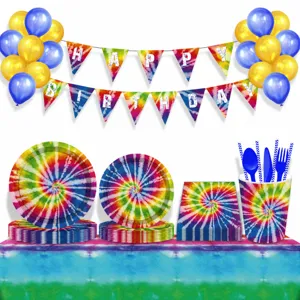 Bunt Tye-Dye Party Geschirr Set Einwegtischdecke Teller Becher Luftballons Banner