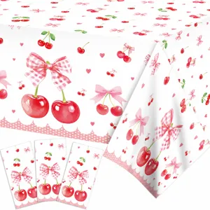 Mantel de Cumpleaños de Cereza Rosa Tema Fruta Dibujos Animados Cubierta de Mesa de Plástico Desechable para Fiesta Celebración Decoración Hogar