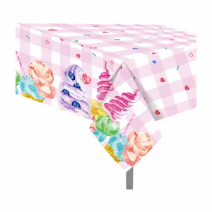 Detail view of pink watercolor ice cream PE tablecloth, perfect for birthday party decor.