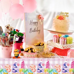 Birthday party PE tablecloth with ice cream cake design, waterproof, 130x220cm table cover.