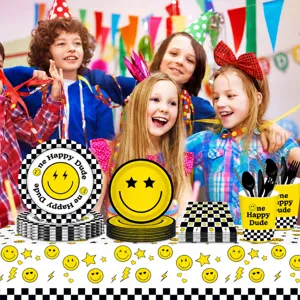 Tovaglia da festa con faccina smiley gialla usa e getta in PE per feste di compleanno