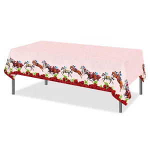 Disposable PE tablecloth featuring a festive horse racing and red rose design for birthday parties.