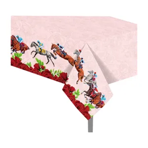 Pink horse racing and red roses tablecloth, waterproof PE party table cover 130x220cm.