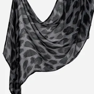 Gray leopard print modal long scarf fabric detail, soft texture and elegant draped style.