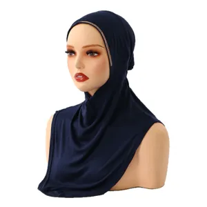 Navy blue rhinestone mercerized cotton hijab instant headscarf for Muslim women main view.