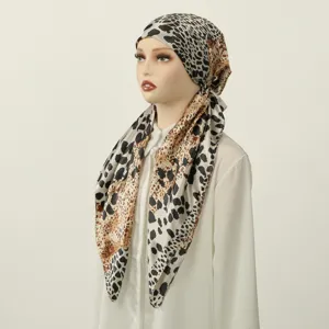 Satin leopard print head scarf cap elegant women fashion casual turban hijab detail view.