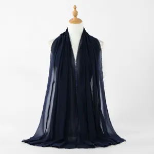 Navy blue chiffon long scarf with delicate decorative trim, elegant shawl wrap for women.
