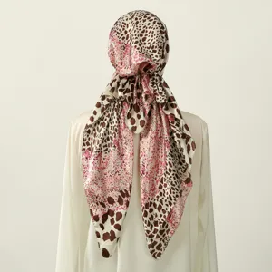 Elegant satin leopard print headscarf wrap hat for women, fashionable versatile hair cover.