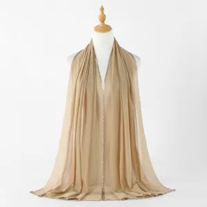 Solid color beige chiffon long scarf with delicate decorative trim elegant breathable hijab shawl