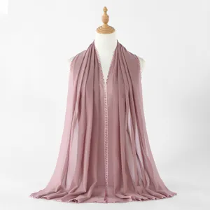 Solid color chiffon hijab long scarf with delicate heart edge comfortable breathable shawl