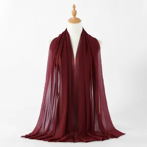 Long chiffon scarf detail view, wine red solid color, breathable elegant shawl for women.
