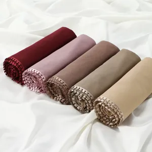 Solid chiffon long scarf with heart edge trim, soft breathable Muslim hijab shawl for women.