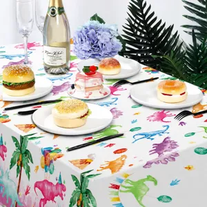 Disposable PE plastic tablecloth with pink dinosaur pattern, 130x220cm party table cover.