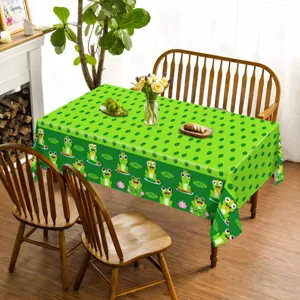 Green cartoon frog pattern PE tablecloth, perfect for birthday parties, waterproof and easy to clean.