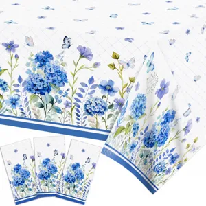 Disposable Waterproof PE Tablecloth Blue Hydrangea Butterfly Pattern Table Cover For Birthday Party Kitchen Dining Table Decor