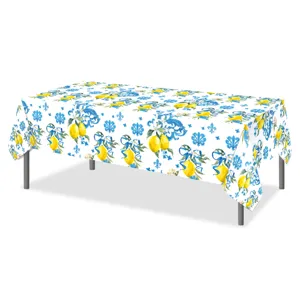 Mediterranean style blue and white lemon pattern rectangular tablecloth for dining party decor.