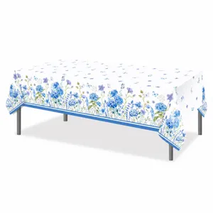 Blue hydrangea birthday tablecloth 130x220cm disposable PE table cover for party decor detail.