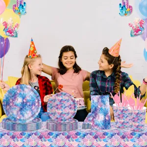 Mermaid scale party tablecloth and disposable tableware set for kids birthday party decoration.