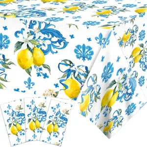 Blue Lemon Tablecloth Mediterranean Majolica Style PE Waterproof Rectangular Table Cover For Birthday Party Supplies
