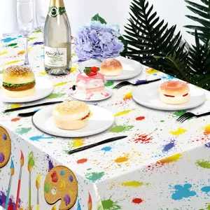 Artistic watercolor paint splatter disposable PE party tablecloth, colorful design for parties.