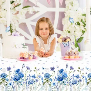 Blue hydrangea birthday tablecloth with butterfly pattern, waterproof disposable PE party table cover.