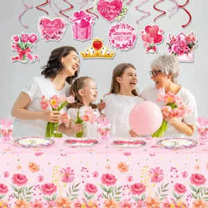 Muttertag Party Tischdecke und Geschirr Set rosa Blumen Design für festliche Dekoration