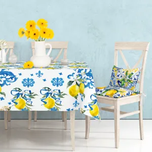 Blue and yellow lemon pattern tablecloth set with chair cushion for dining room home decor