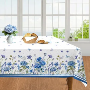 Blue Hydrangea Butterfly Tablecloth Waterproof PE Table Cover for Party Home Decor 130x220cm