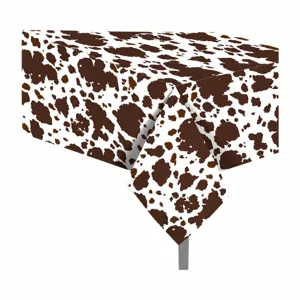 Cow print disposable PE tablecloth detail, farm party theme decoration table cover.