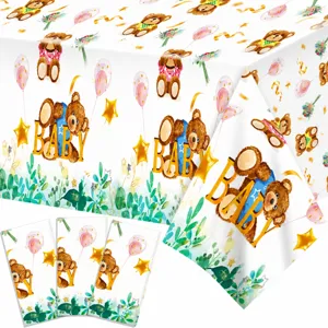 Cute Cartoon Bear Baby Birthday Party Tablecloth Waterproof PE Plastic Table Cover for Kids Celebration