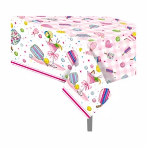 Pink pickleball theme disposable plastic tablecloth, 130x220cm waterproof party cover.