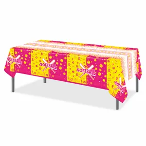 Vista detallada del mantel de fiesta con temática de sóftbol y patrones rosas y amarillos.
