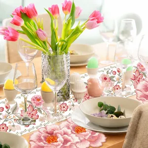 Spring floral embroidered table runner and placemat set, elegant home dining room decor.