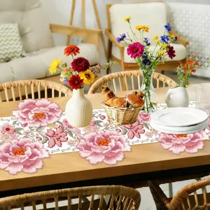 Detailed view of spring pink floral embroidered table runner, perfect for home party decor.