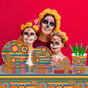Mexican Cinco de Mayo party tableware set, colorful paper plates, cups and tablecloth.