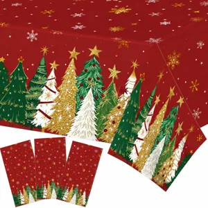 Red Christmas Tree Theme Party Tablecloth Disposable PE Table Cover Holiday Festive Decor Table Decoration