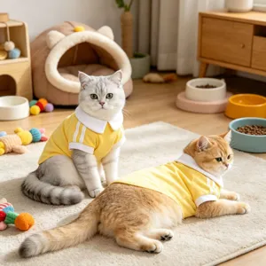 Vue détaillée de chats mignons portant un polo jaune à col blanc, vêtement d'été respirant.
