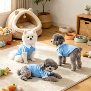 Joli polo bleu pour animal de compagnie avec col blanc et rayures, vêtements d'été confortables.