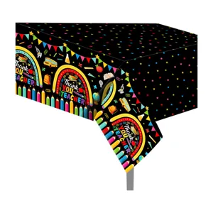 Mantel de PE desechable tema agradecimiento maestros, estrellas y diseño de arco iris.
