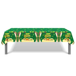 Detailed view of the festive Sukkot rectangular tablecloth featuring traditional holiday prints.