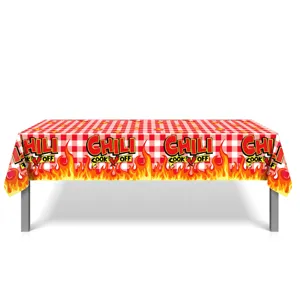 Red and white checkered tablecloth detail featuring chili cook off design and bottom flames.