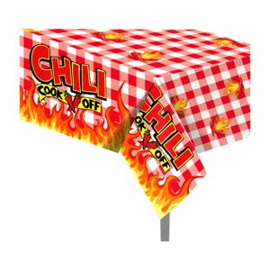 Red and white checkered chili flame pattern PE plastic party tablecloth detail close-up.