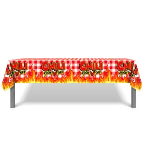 Chili party PE tablecloth detail view with red and white checkered pattern and flames 130x220cm