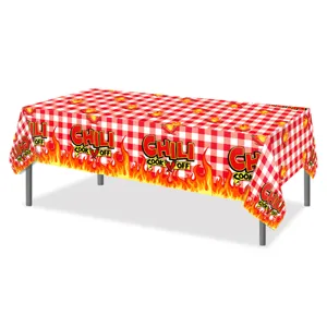 Red white checkered PE disposable tablecloth with chili flame print for party decoration 130x220cm